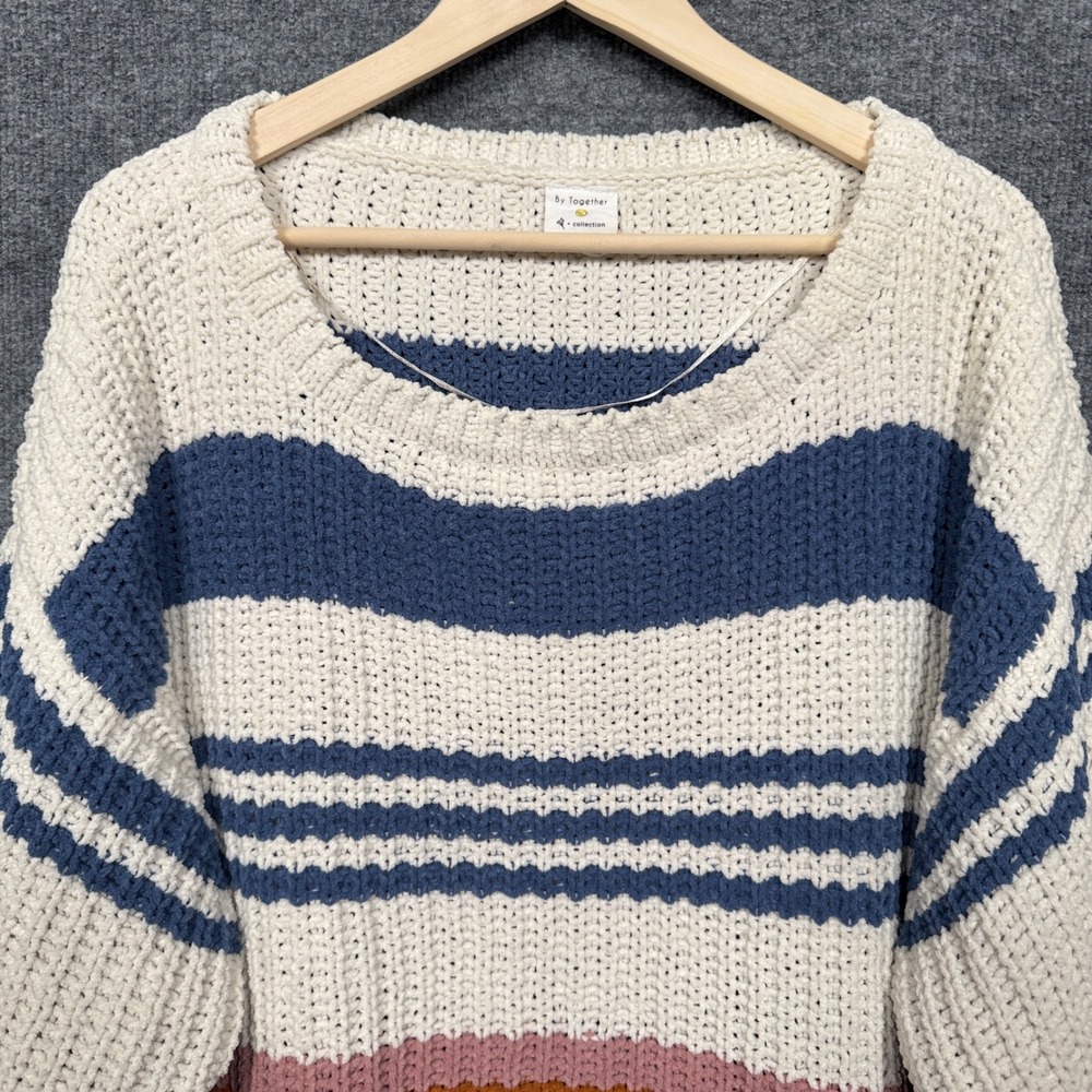 Together Collection Medium Sweater Top White Blue Striped Chunky Crochet Cozy - Picture 3 of 9
